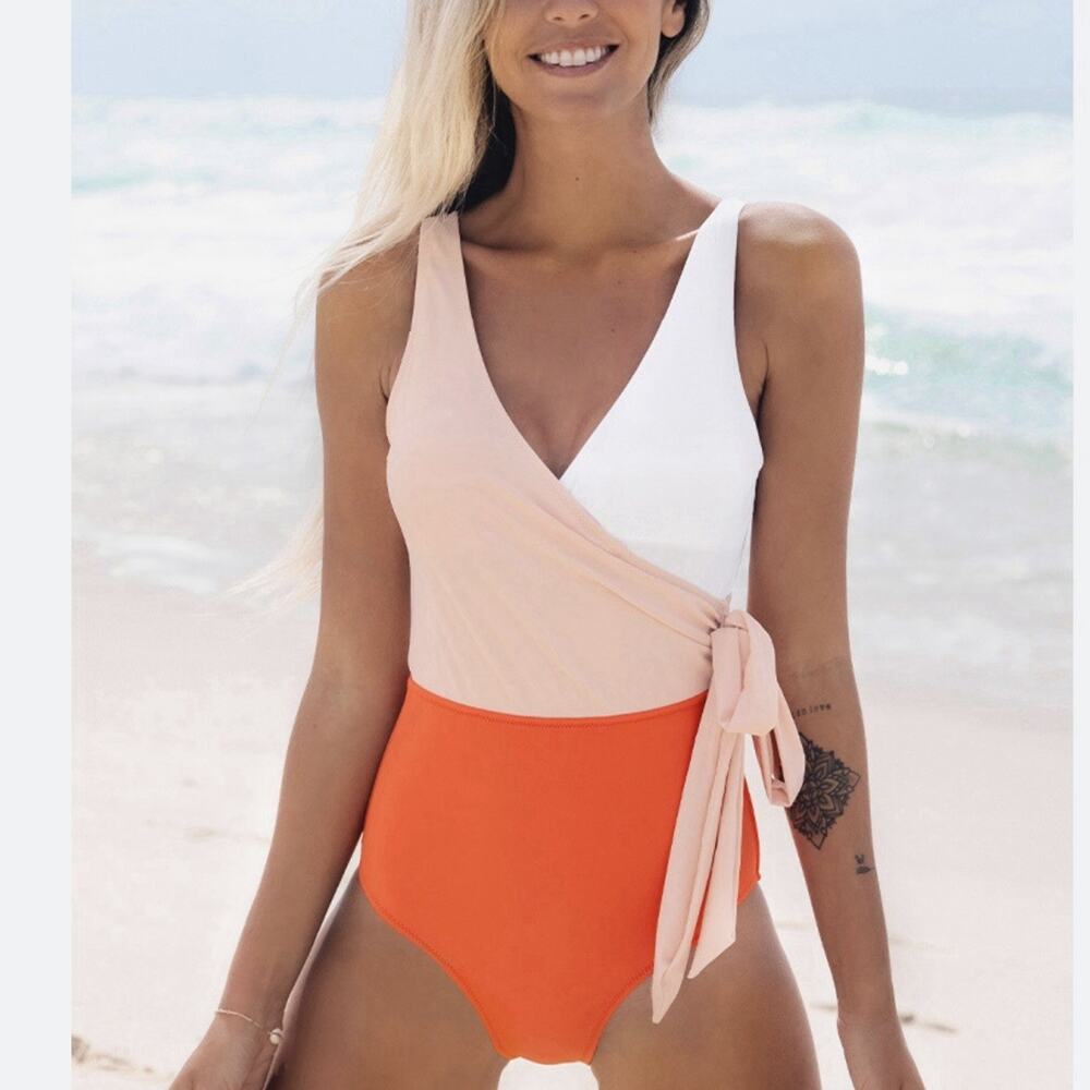 Cupshe One Piece Swimsuit Women’s Size M Orange And White Bowknot SKU 036